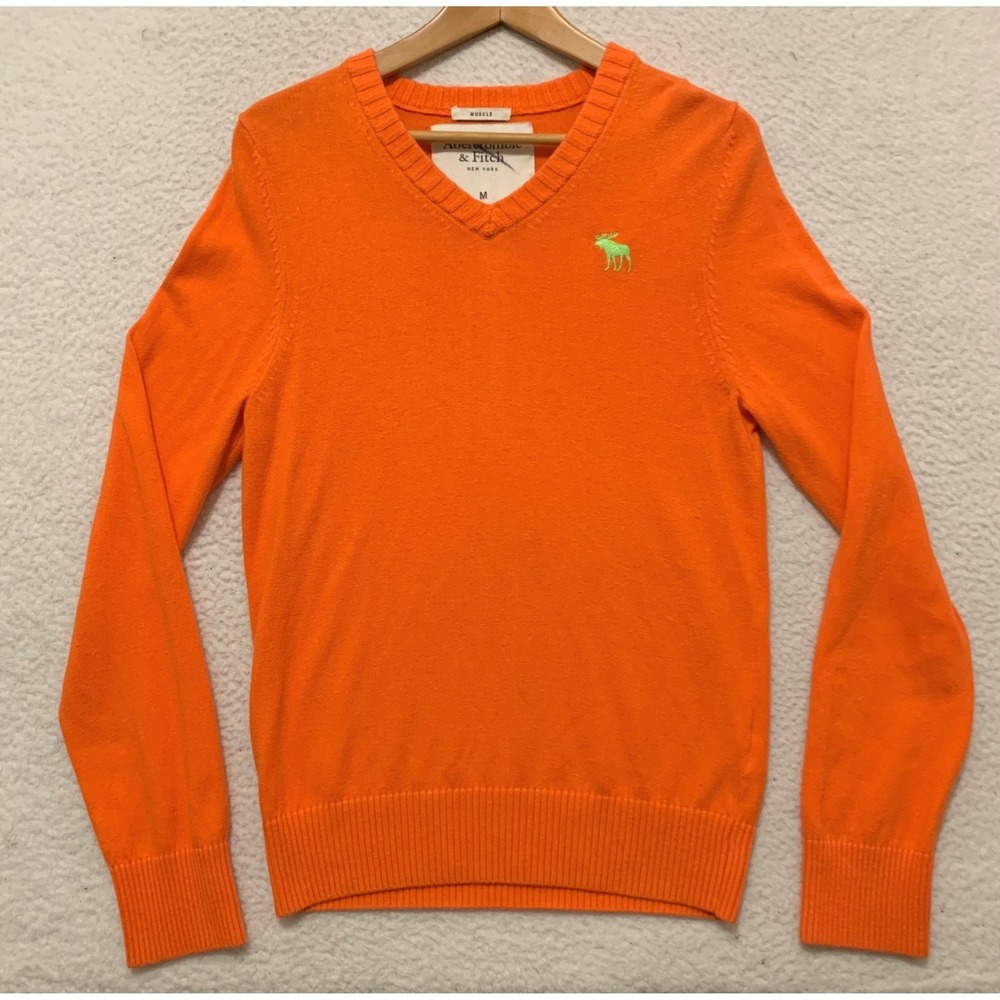 Abercrombie & Fitch Muscle Fit V-Neck Sweater Mens M Moose Logo Orange VTG Y2K